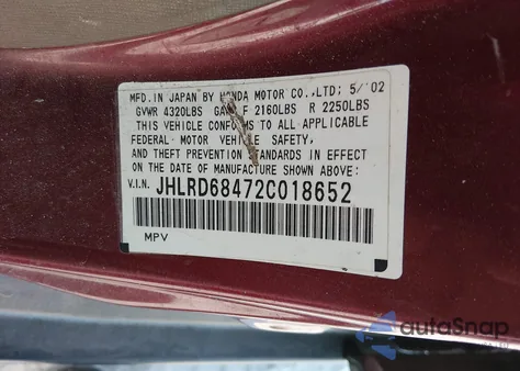 2002 Honda Cr-V Lx from USA, damaged, VIN JHLRD68472C018652